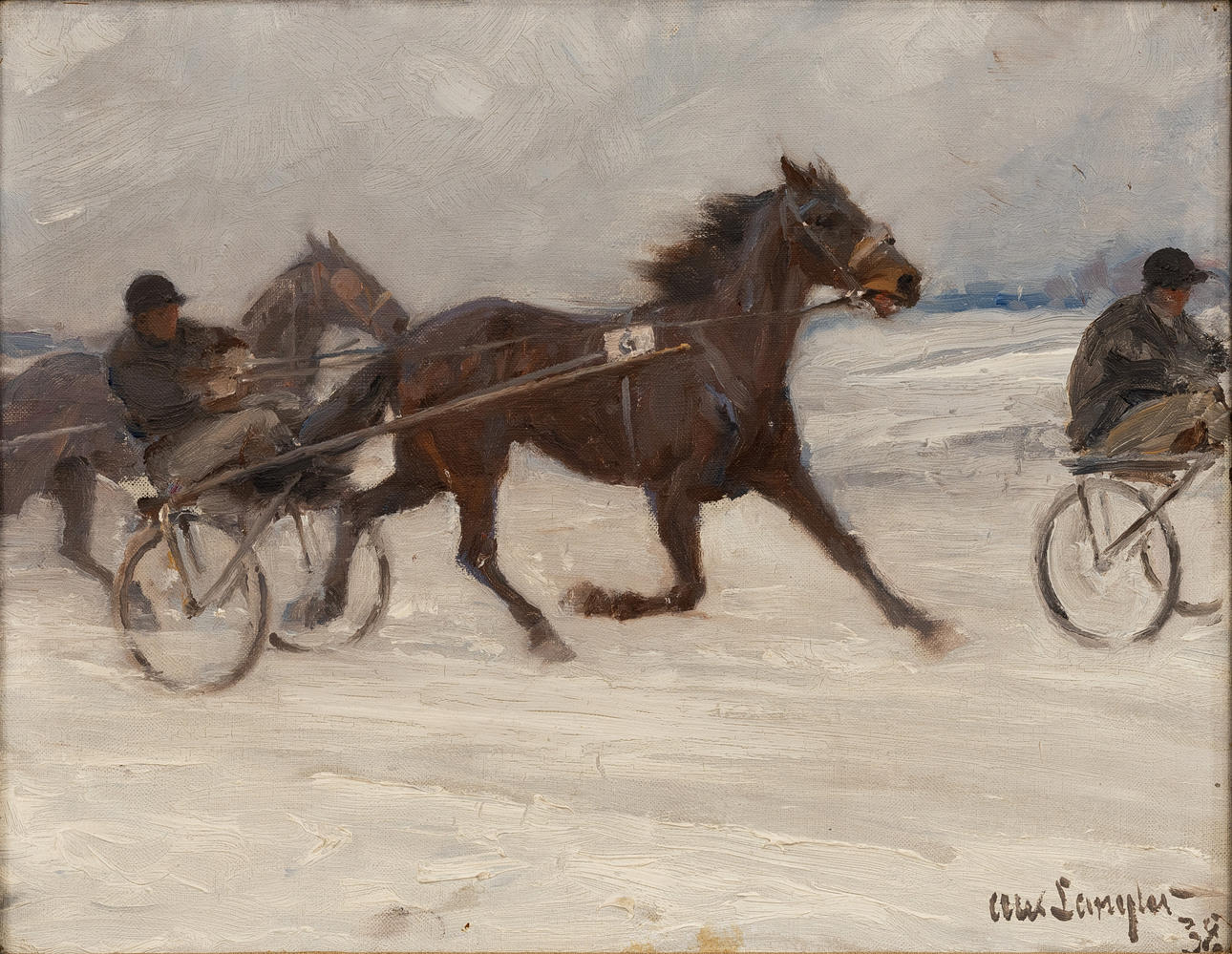 ALEXANDER LANGLET. , trot equipage in winter landscape, oil on canvas. signed and dated 38.