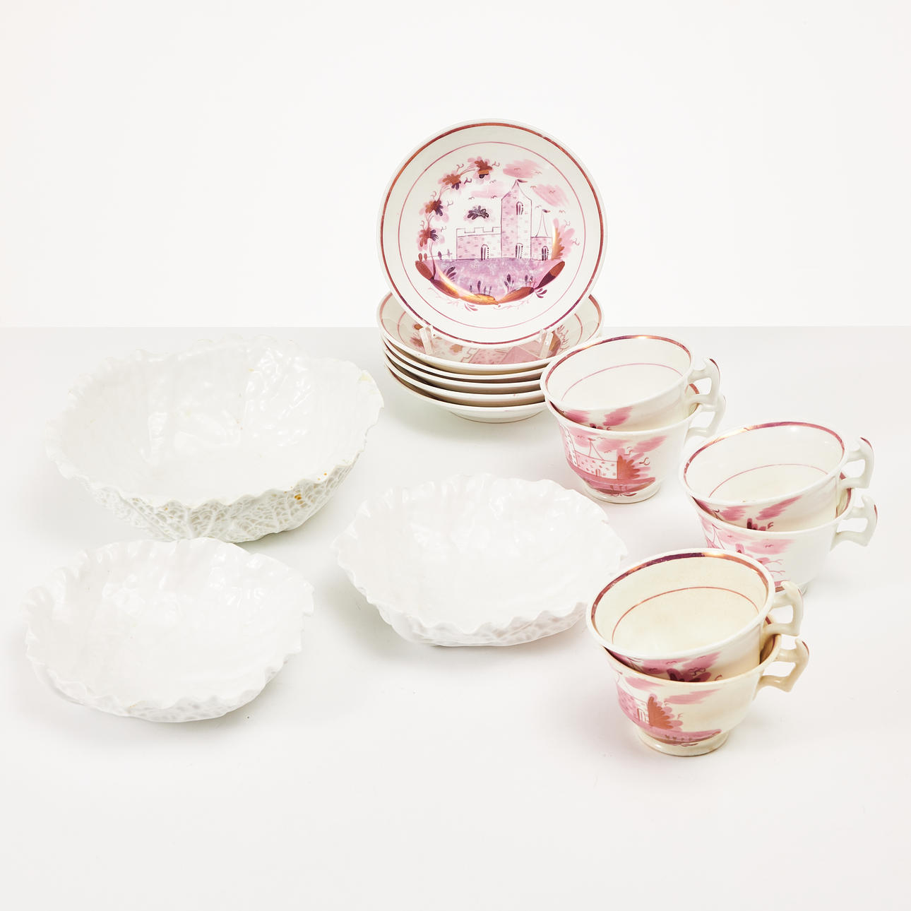 COFFEE CUPS, BOWLS, 9 dlr., flintware, 19th and 20th century, lusterdecor.