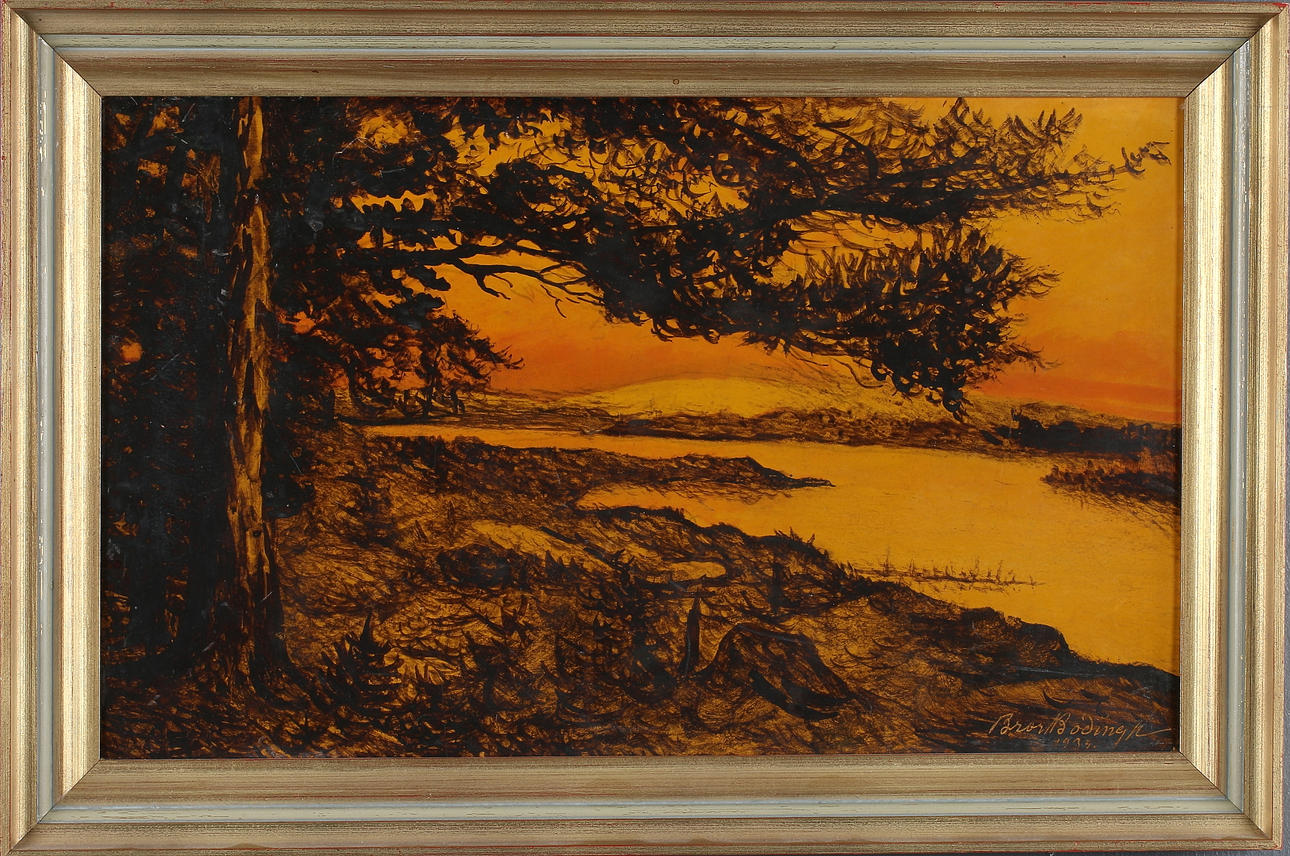 BROR BODINGH. "Motiv från Ångetrakten", sepiamålning på pannå, signerad och daterad 1932 cm.