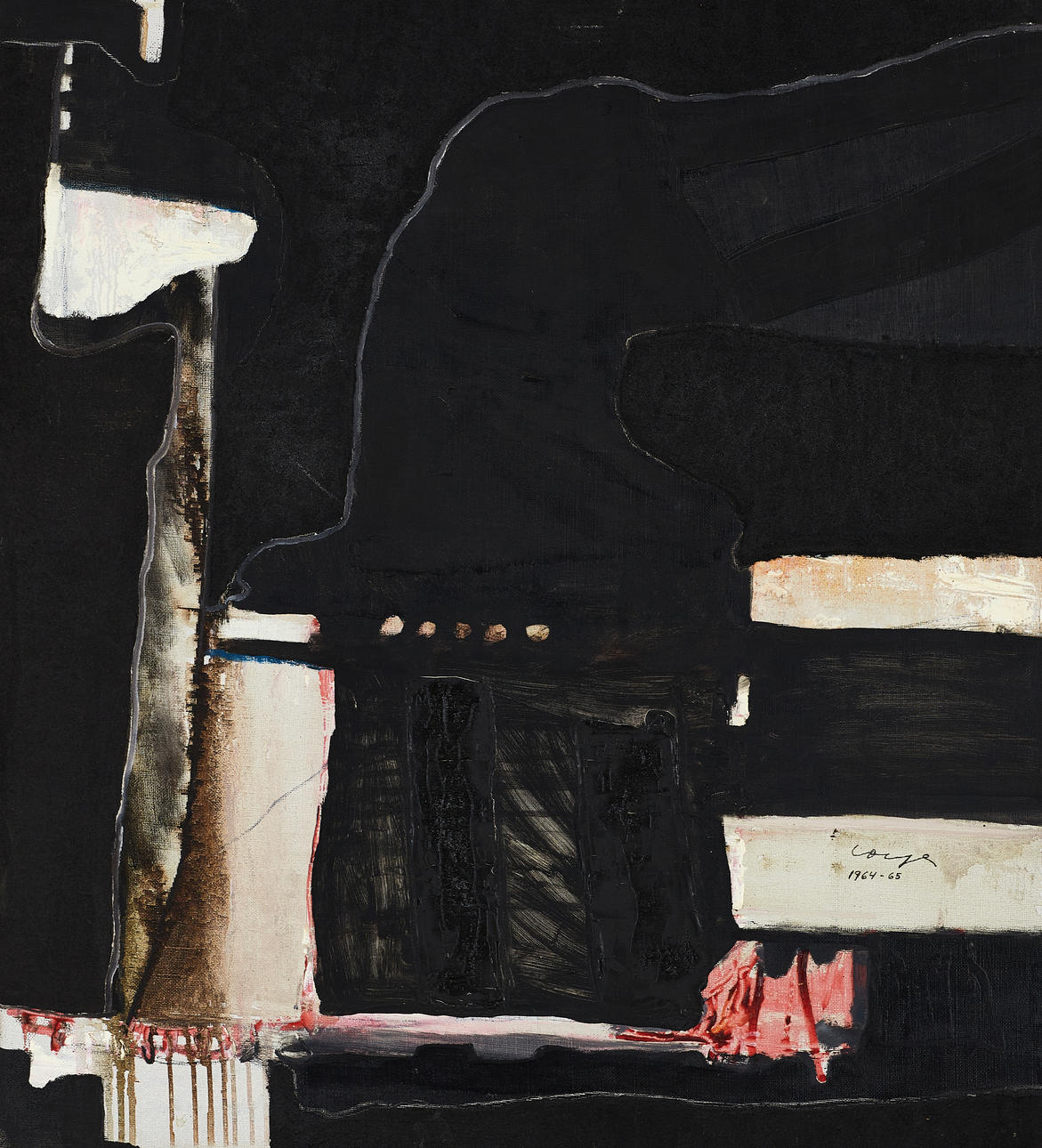 UNIDENTIFIED ARTIST (20th century). Composition on black background, signed and dated 1965-65, oil/mixed media on canvas.