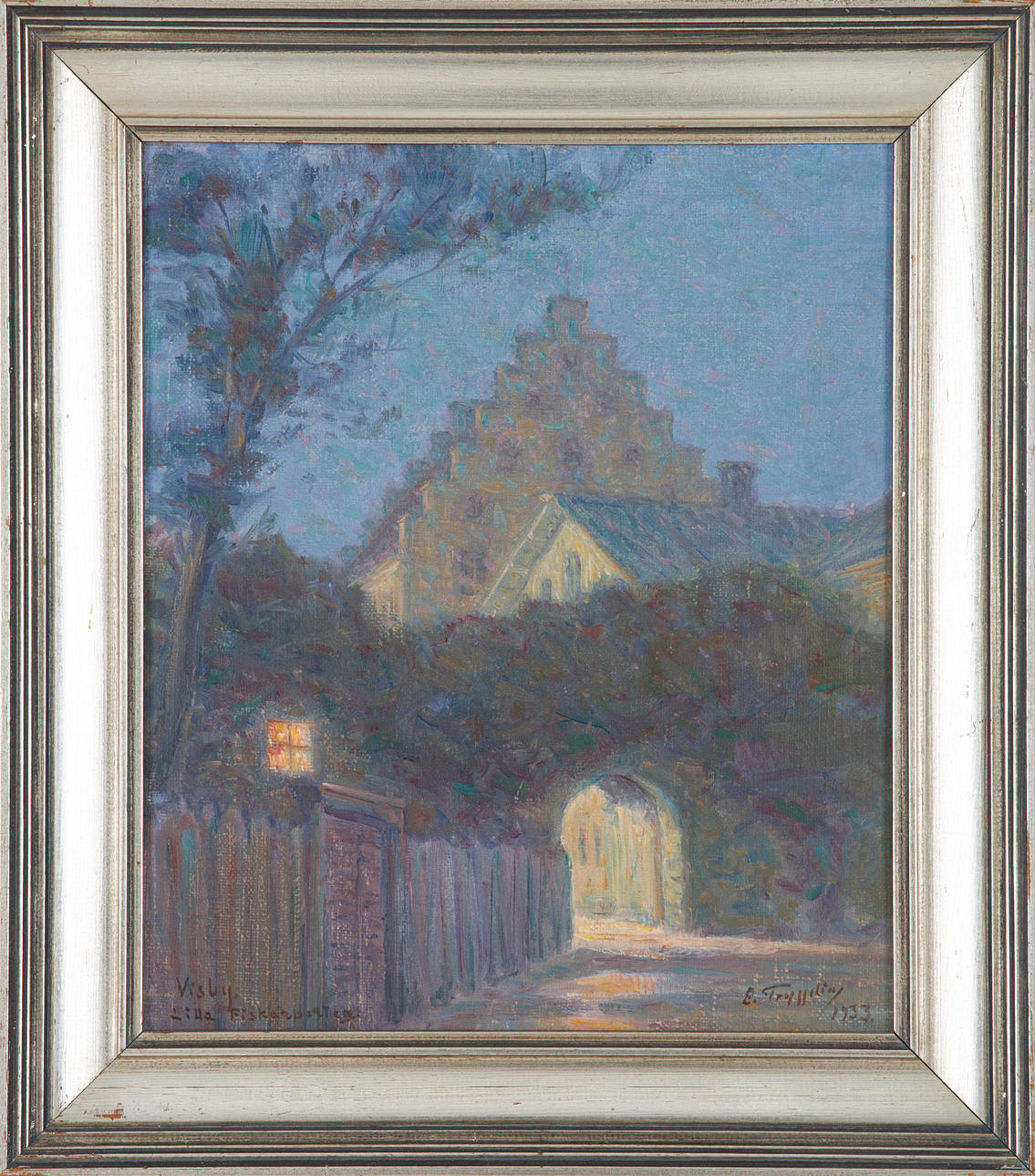 ERIK  TRYGGELIN. “Little Fiskarporten” motif from Visby, oil on canvas, signed and dated 1933.