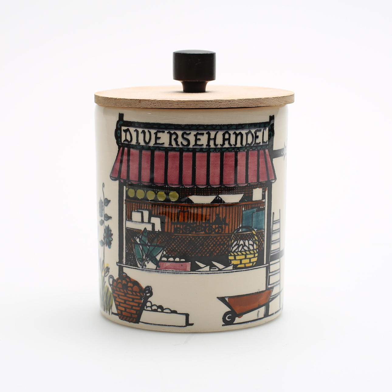 BURK, med lock, flintgods, "Speceriboden", E. Jarup, Deco, Hälsningborg.