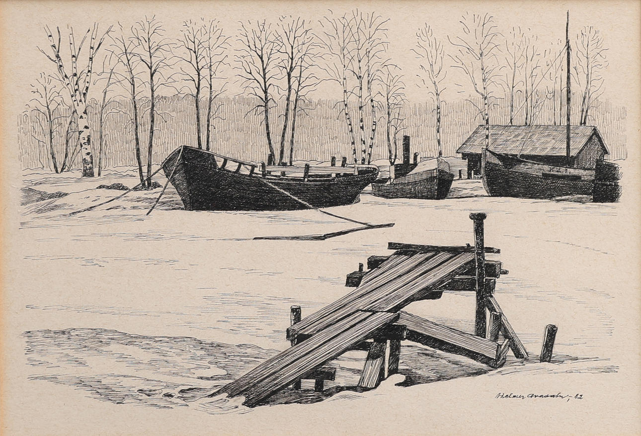 HELMER AVASALU 1908-2000. TUSCHECKNING, WINTER LANDSCAPE WITH PIER, SIGNED AND DATED 1982.