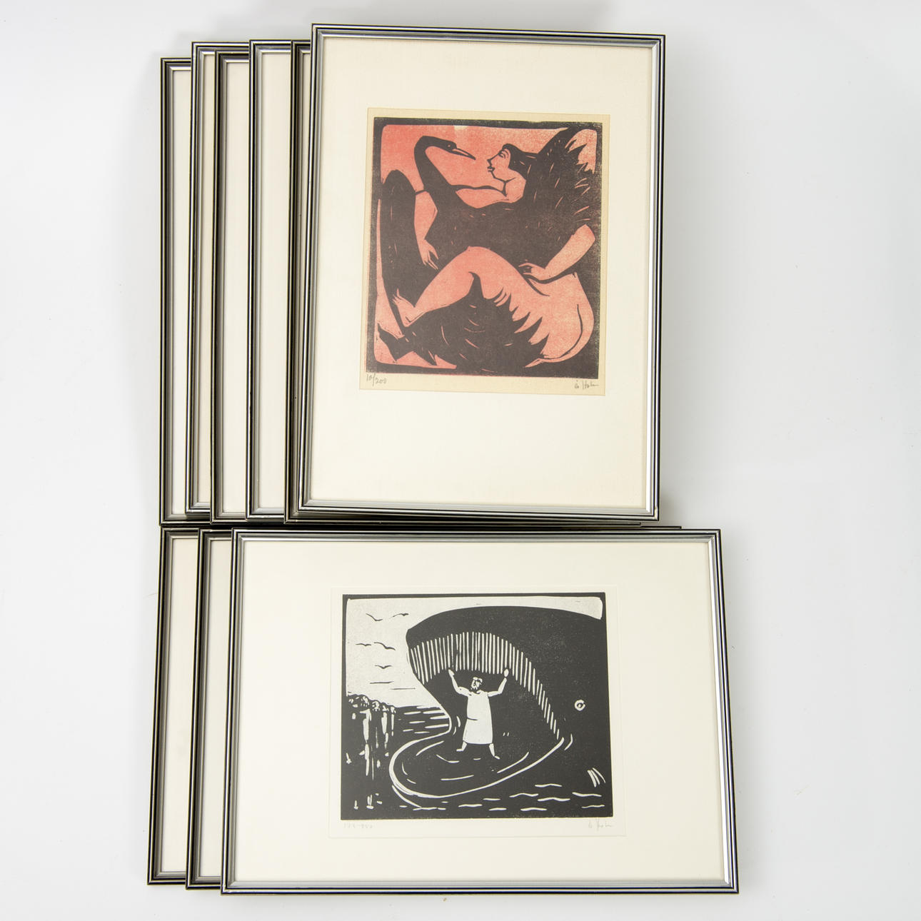 ÅKE HOLM. Bibliska motiv, 9 stycken linoleumsnitt, signerad Å. Holm.