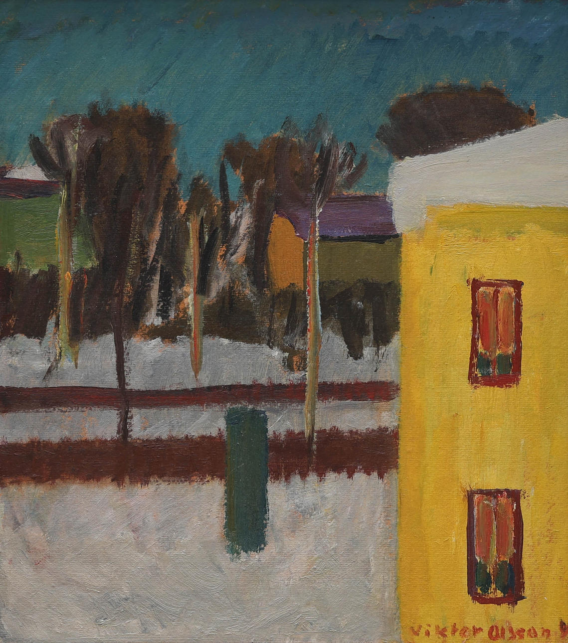 VIKTOR OLSSON, oil on panel, “The Yellow House, Åmål”, signed, dated -48.