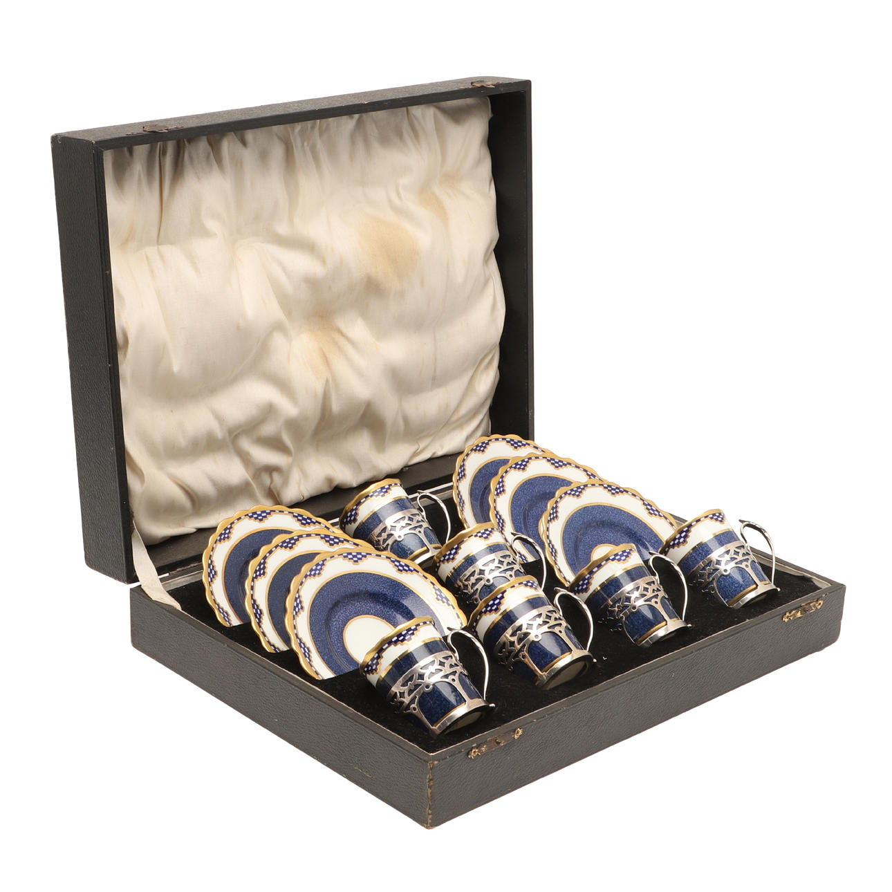 AYNSLEY BOXED COFFEE SET WITH SILVER MOUNTS.