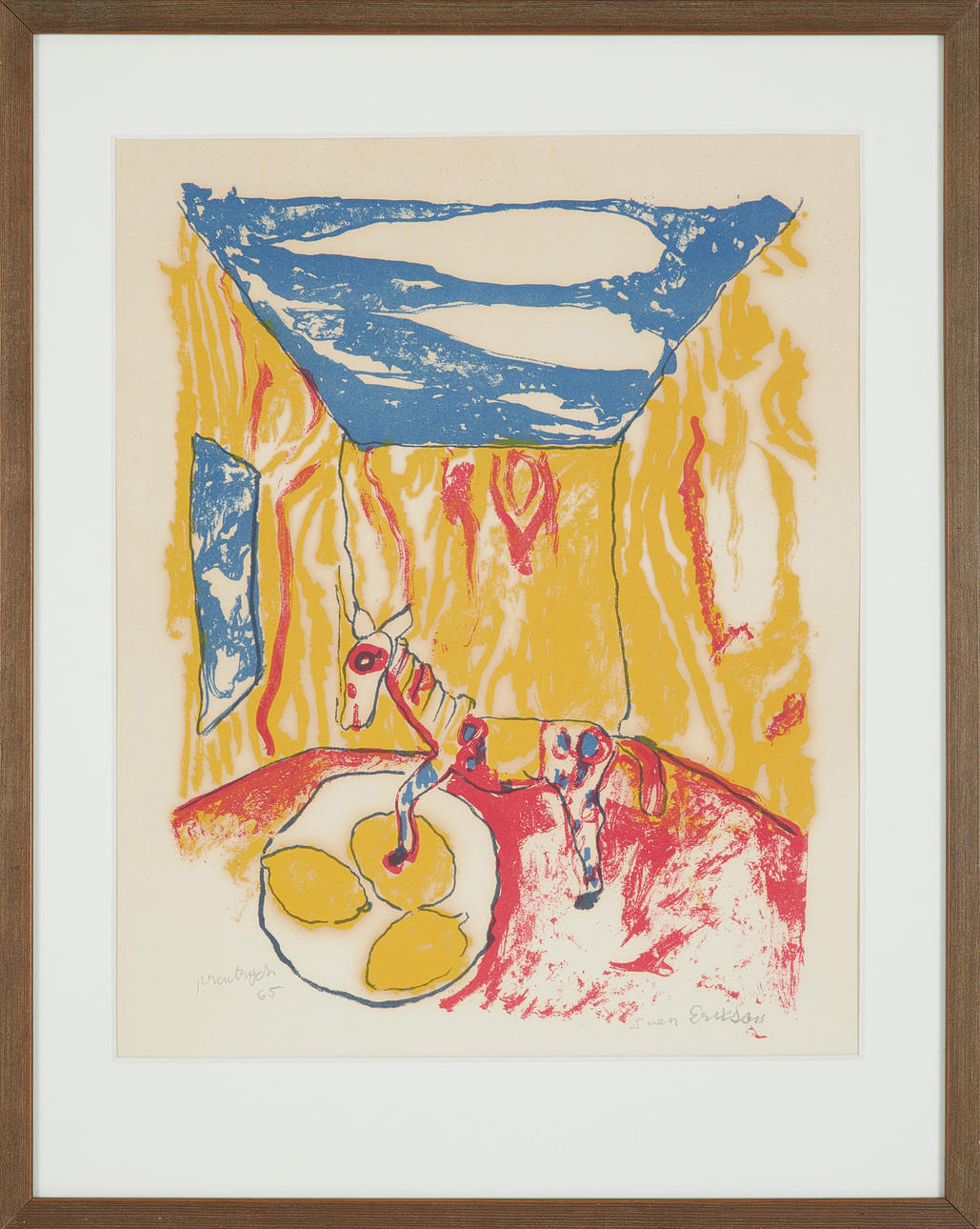 SVEN X:ET ERIXSON. Composition with donkey, lithograph in colours, sample print, signed Sven Erixson, dated 1965.