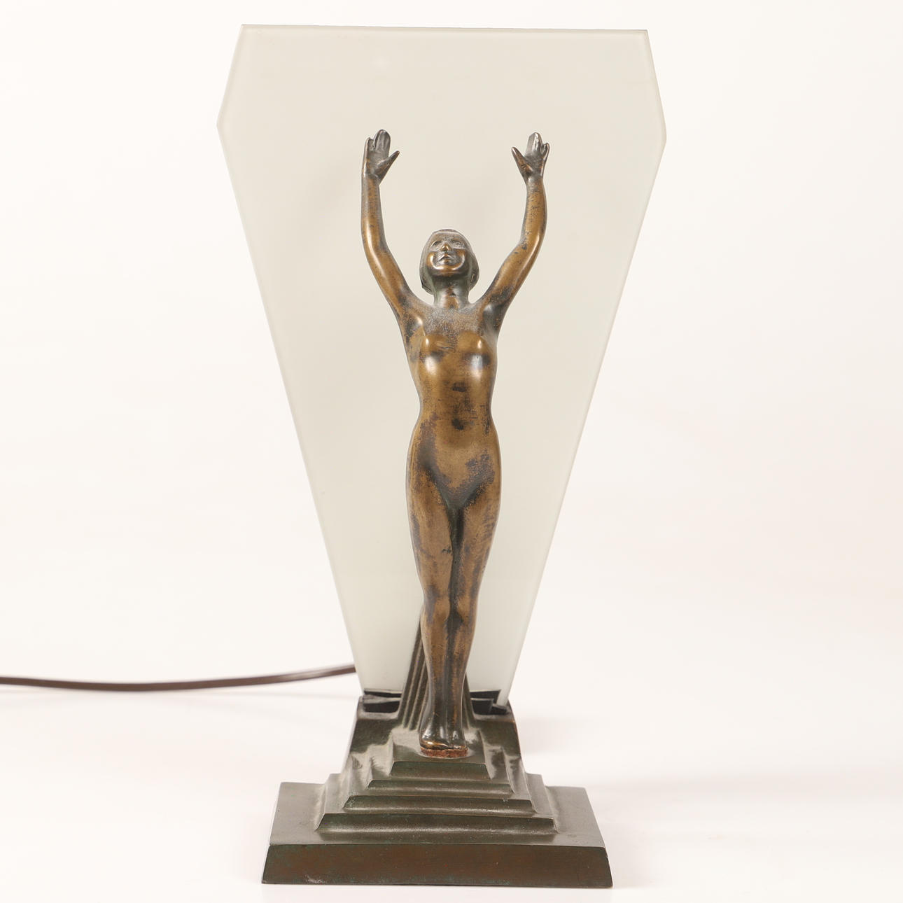 BORDLAMPE, bronze med glasplade, Art Deco.