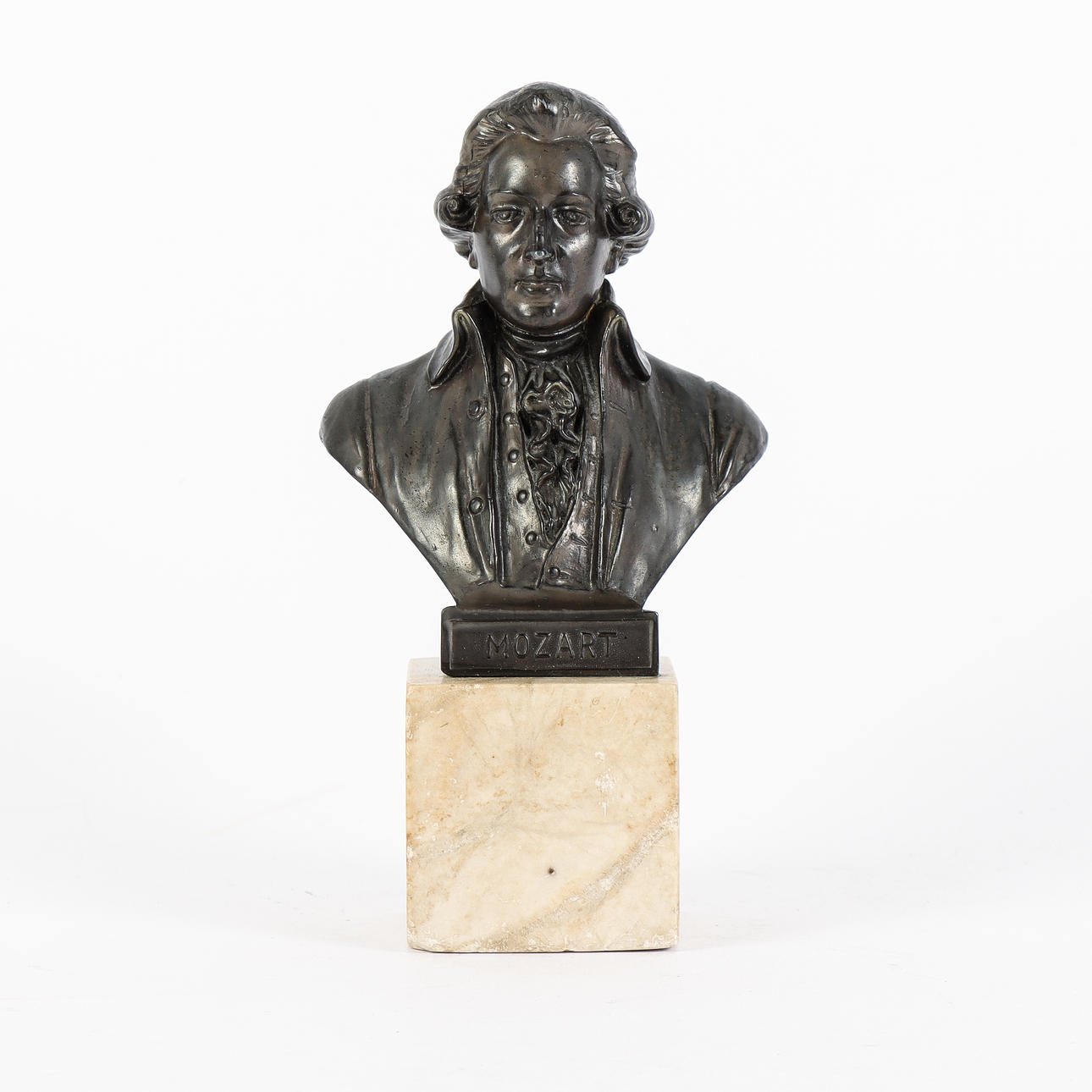 BUST metal on marble plinth, Mozart.