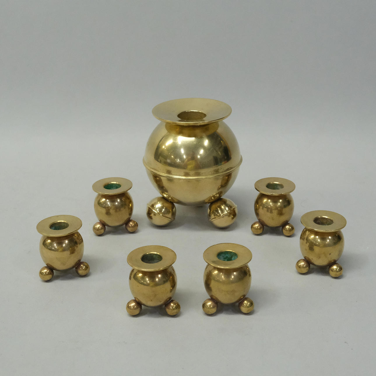 SEVEN CANDLESTICKS, BRASS, BALL MODEL.