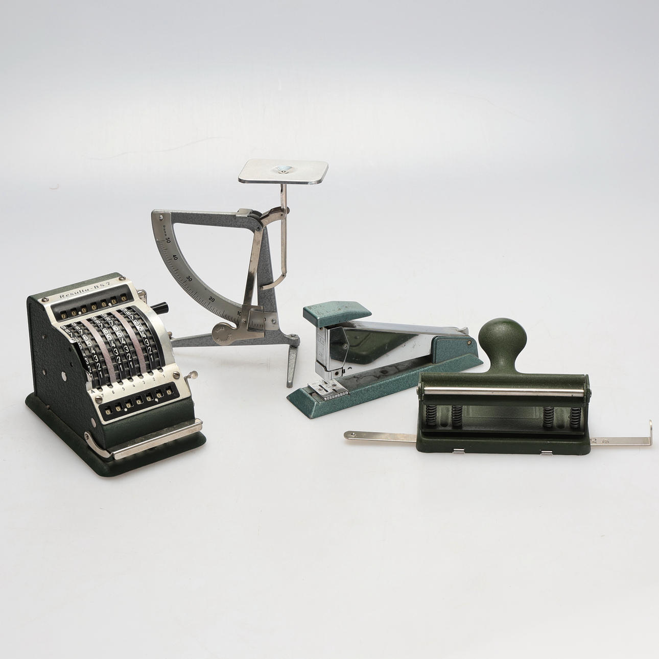OFFICE UTENSILS. Counting machine, Resulta - BS 7,1950's, letter scale, stapler, hole puncher.