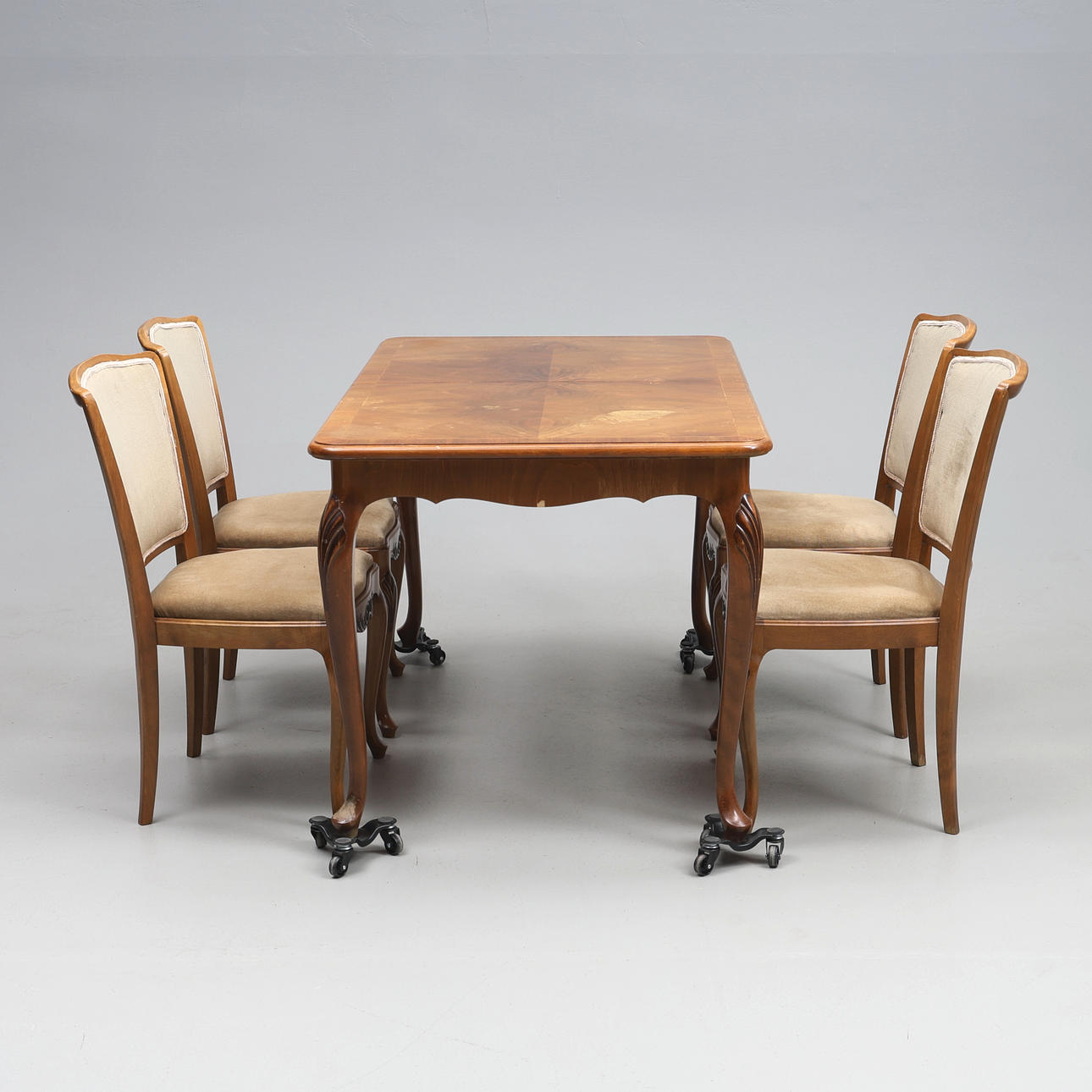 DINING TABLE WITH 4 CHAIRS, Rococo style, inserts, lacquered wood. circa 1970s.