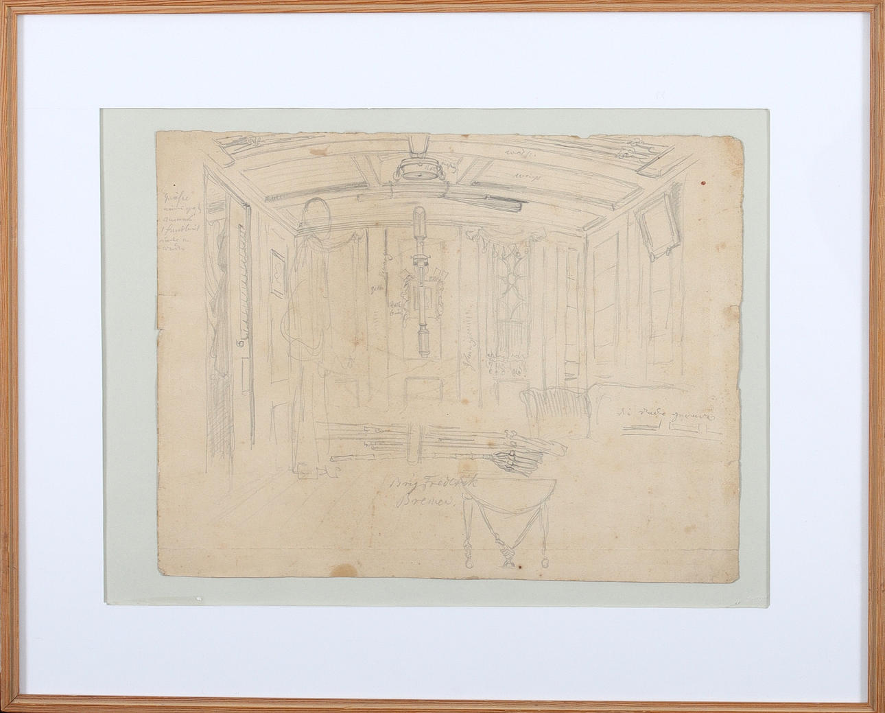 OIDENTIFIERAD KONSTNÄR. Skeppsinteriör briggen Frederick Bremen, blyerts på papper, Tyskland 1800-tal.