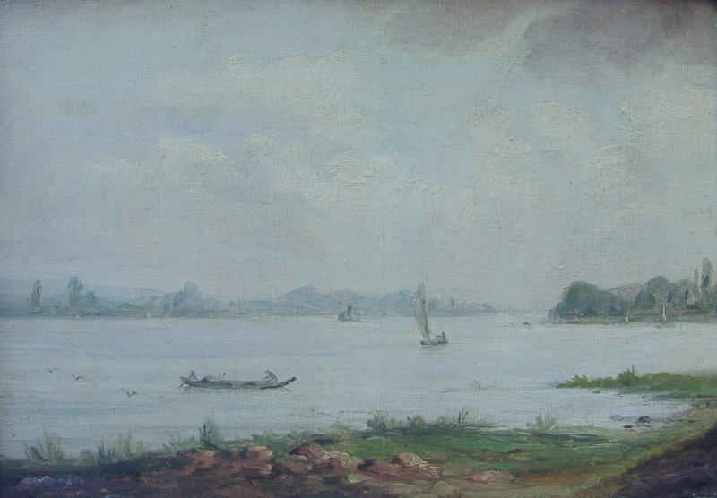 DEUTSCHER MALER UM 1920. See mit Seglern bei Berlin.