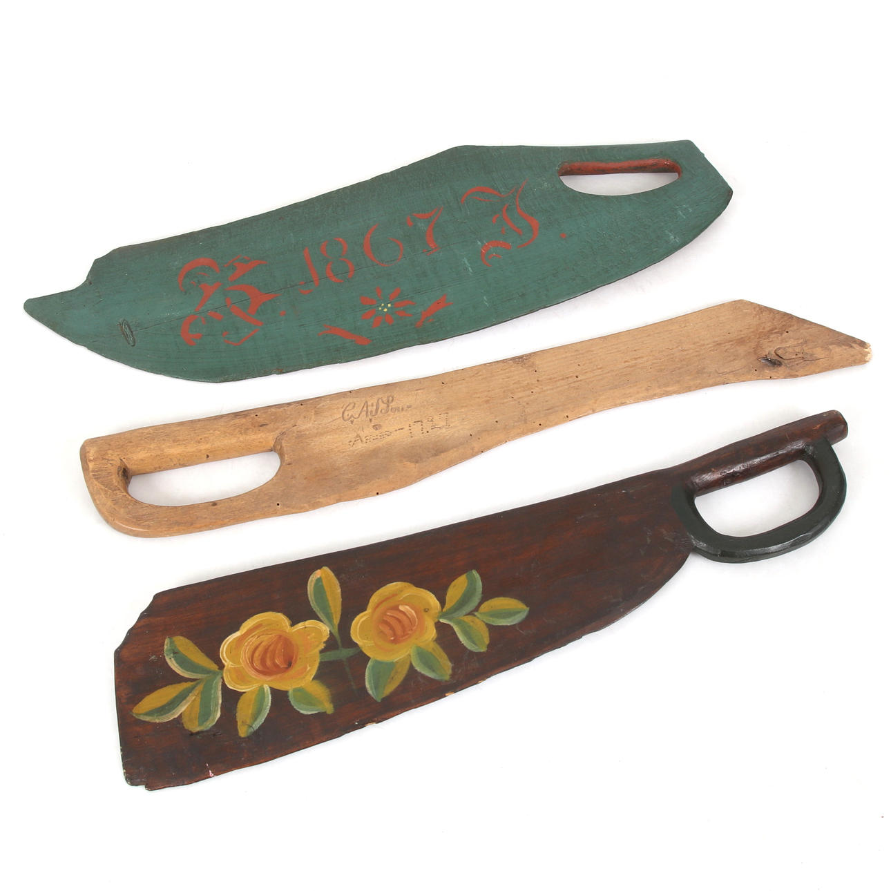 SÄKTKNIVAR 3 pcs, allmoge, dated inter alia 1727, 1867.