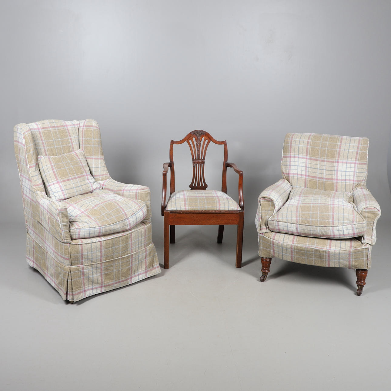 TWO 19TH CENTURY MAHOGANY ARMCHAIRS.