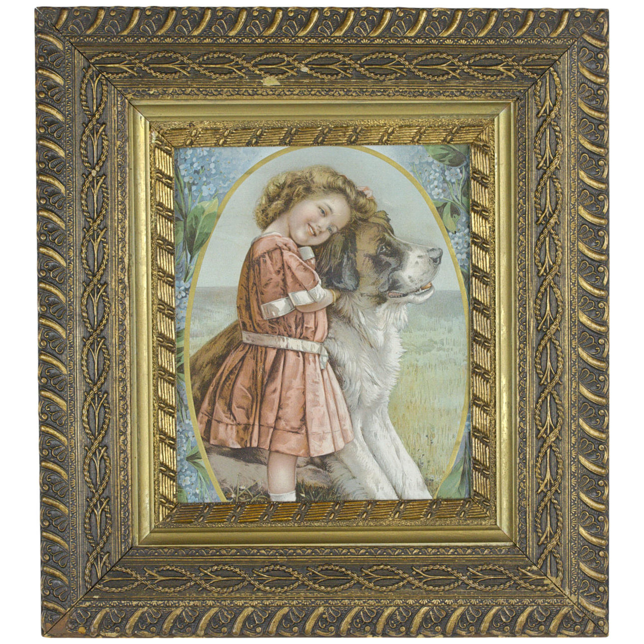 OIDENTIFIERAD KONSTNÄR. Tryck, flicka med Sankt Bernhard, 1900-tal.