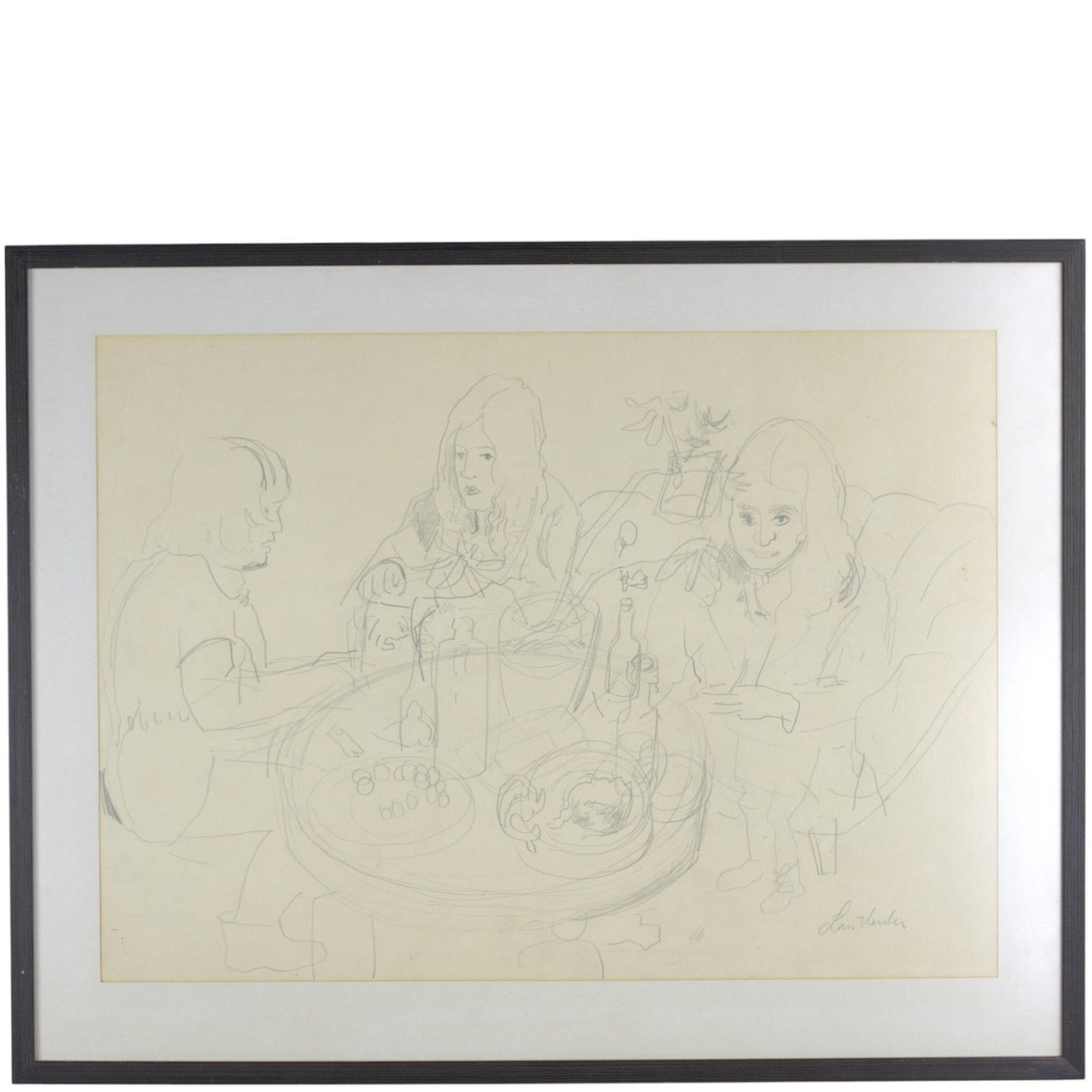 LARS HERDER. Drawing, women sitting at table, signed.