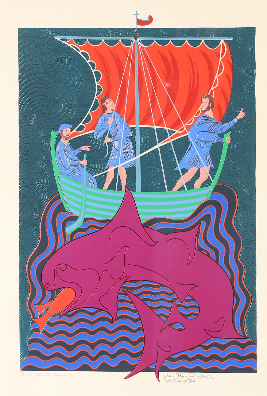 OIDENTIFIERAD KONSTNÄR. Jona and the Whale, lithograph in colours, indistinctly signed.