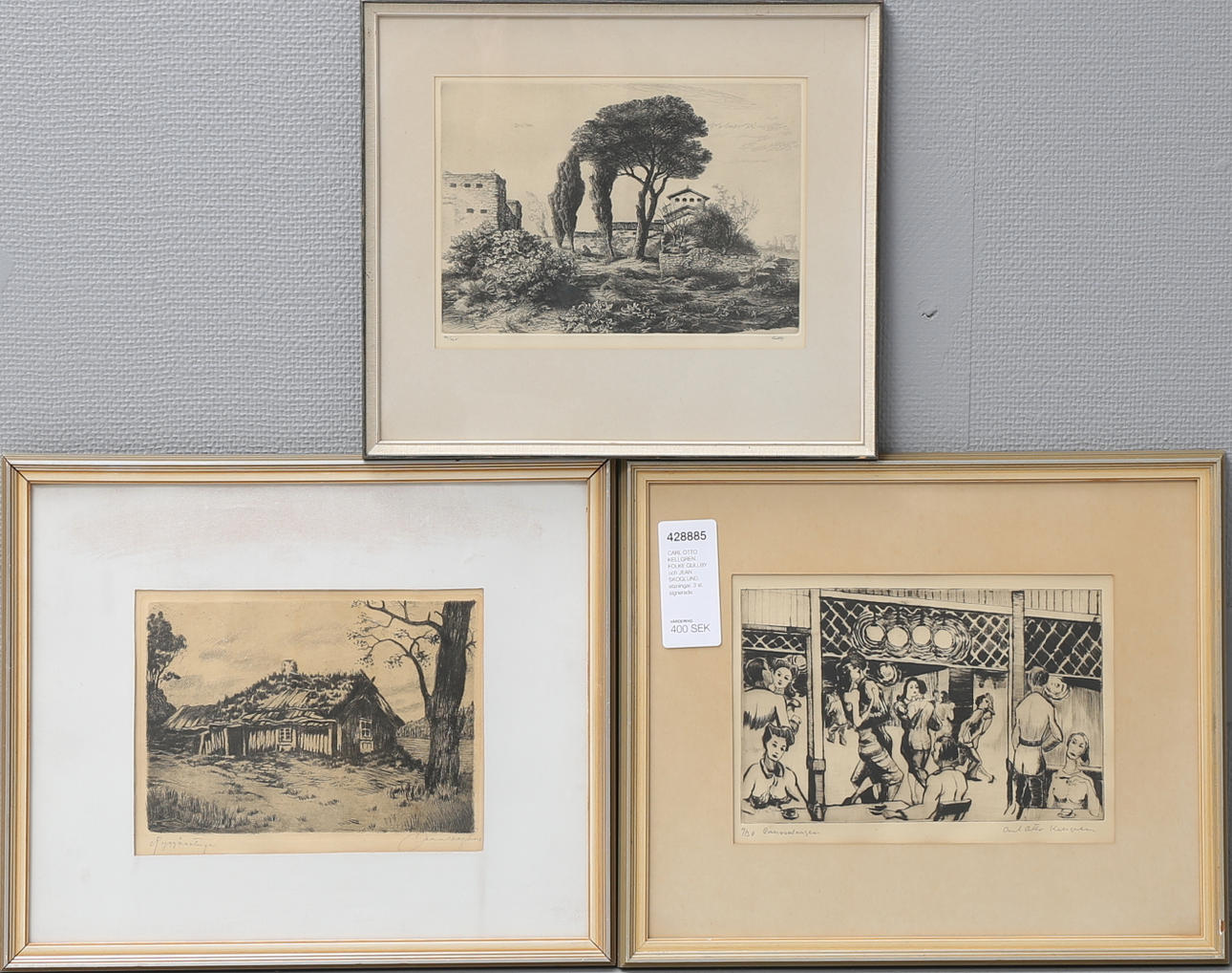 CARL OTTO KELLGREN. FOLKE GULLBY och JEAN SKOGLUND, etsningar, 3 st, signerade.
