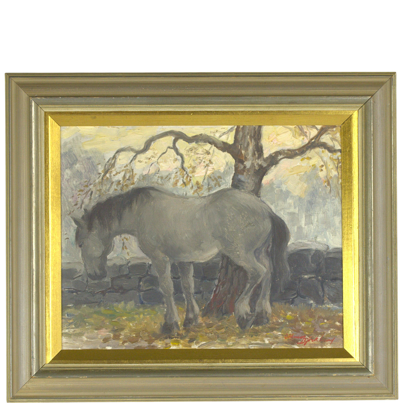 ODDMAR BJÖRKLUND. Oil on panel, horse by tree, signed.