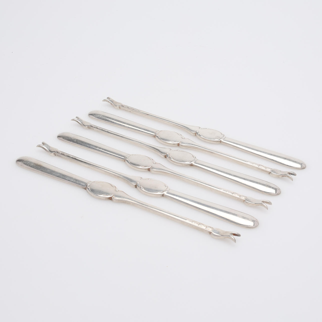 CUBIERTOS PARA MARISCOS, SEIS PIEZAS, PLATA, W.A. BOLIN.