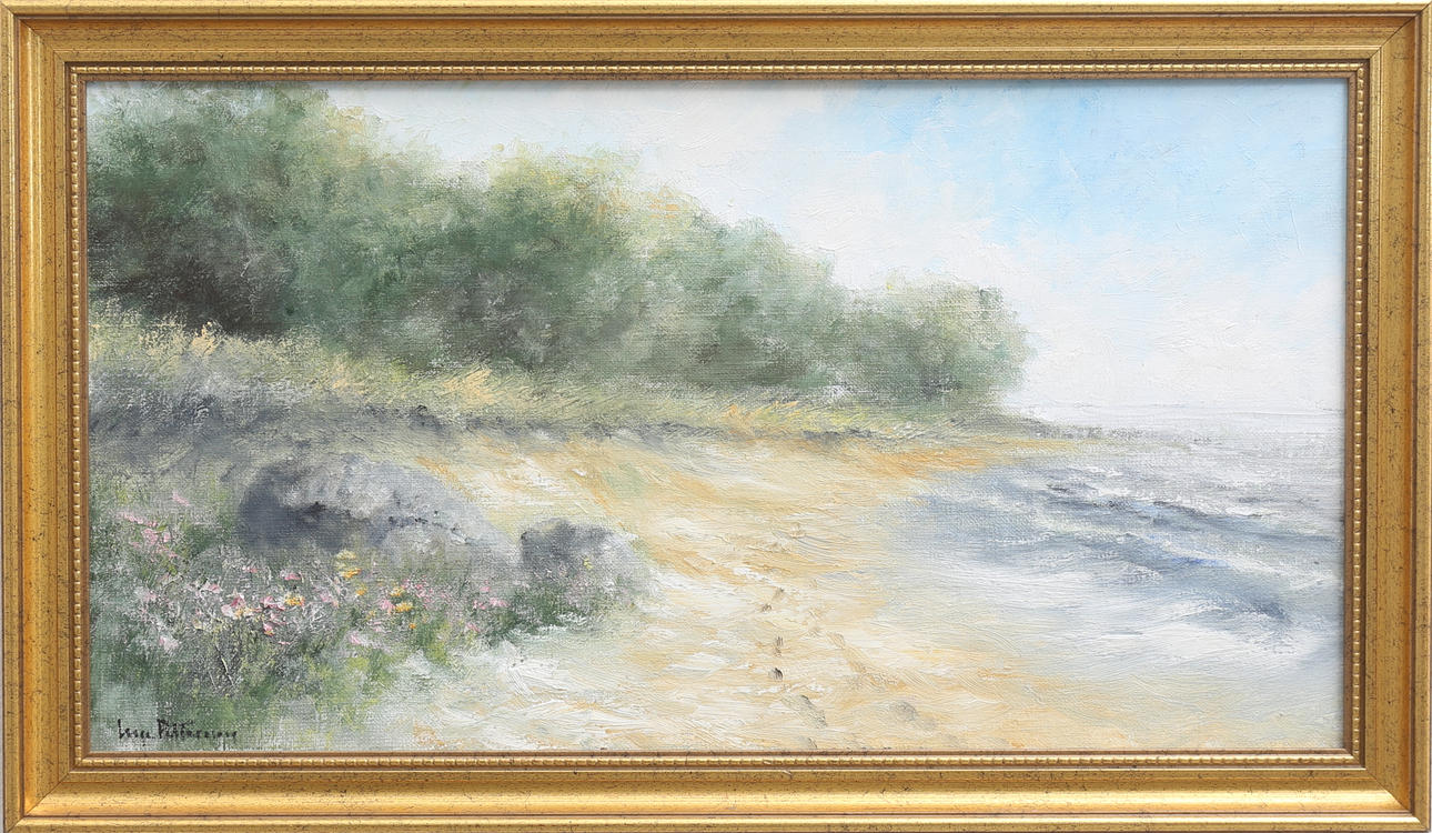 INGE PETTERSSON. "Fotspår i sanden". Olja på duk, signerad och daterad -04.