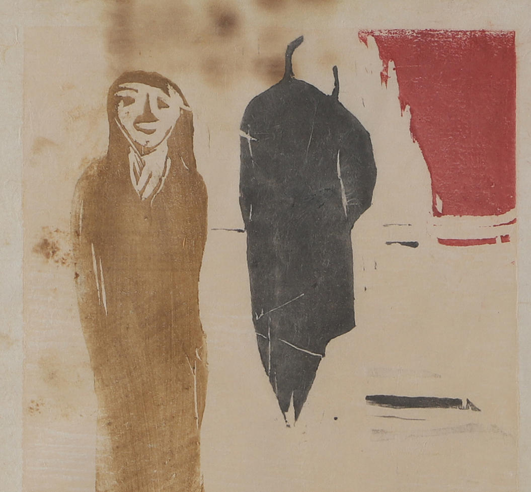 OIDENTIFIERAD KONSTNÄR. „Mand og kvinde“, træsnit, monogram signeret.