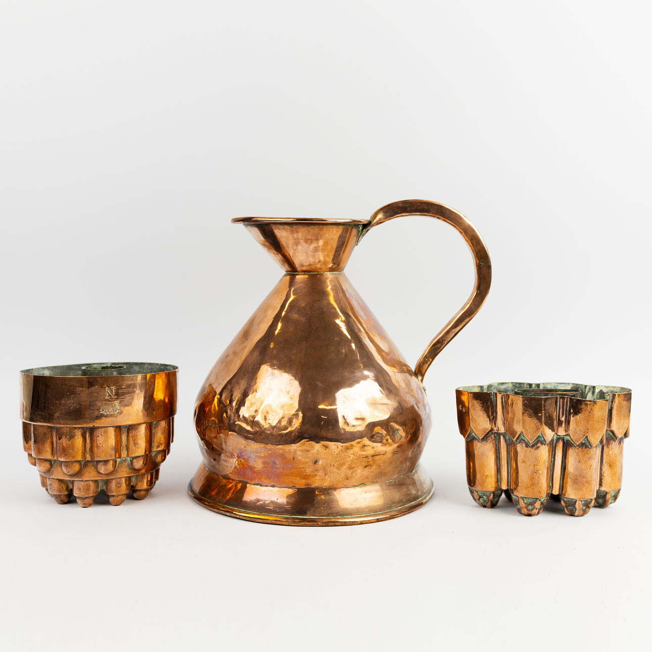 JELLY MOULDS, TWO & A JUG.