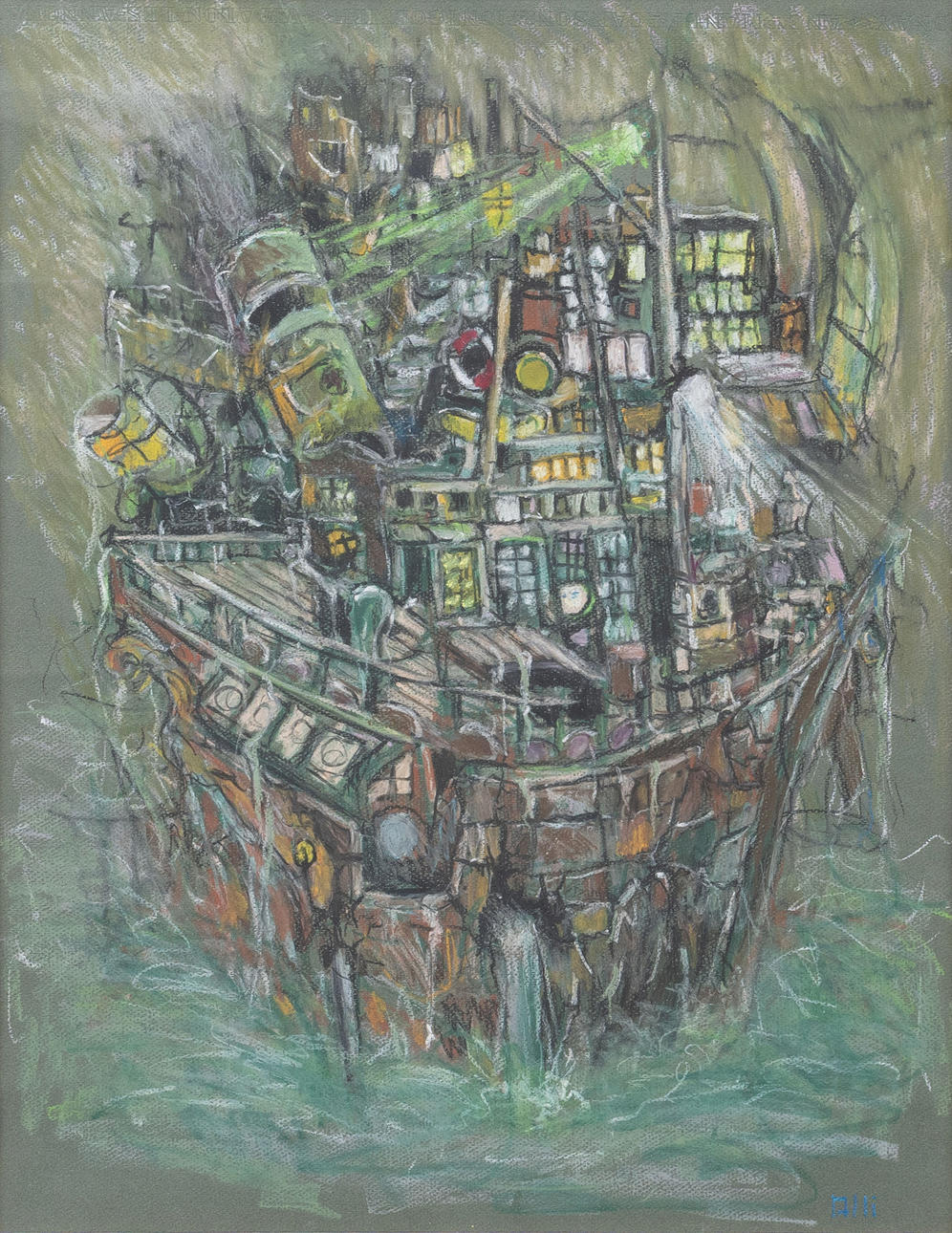 OIDENTIFIERAD KONSTNÄR. Ship composition, mixed media, indistinctly signed.