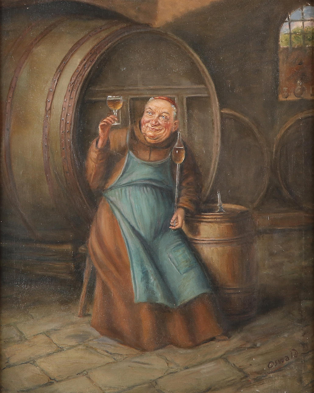UNIDENTIFIED ARTIST, SIGNED OSWALD. Donut in wine cellar.