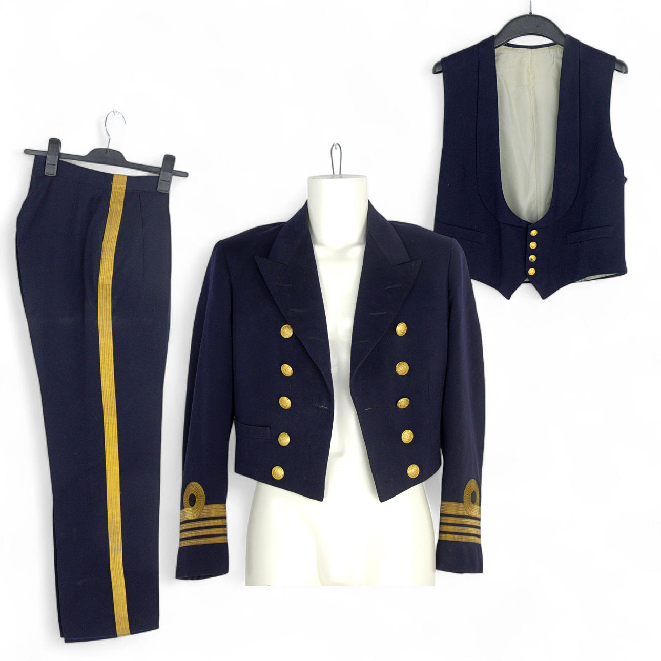 A three-piece suit, for Commodore, Navy, consisting of a brass jacket, long trousers and vest, Swedish.