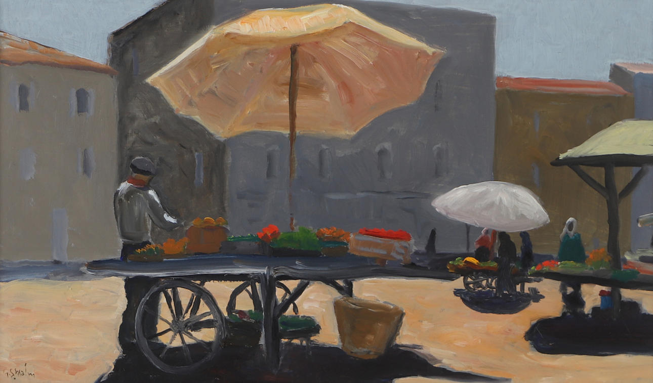 OIDENTIFIERAD KONSTNÄR. Marktladen, Öl auf Holz, undeutlich signiert.