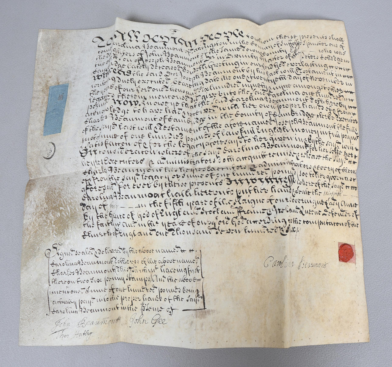QUEEN ANNE, MANUSCRIPT INDENTURE, CAROLINA BEAUMONT.