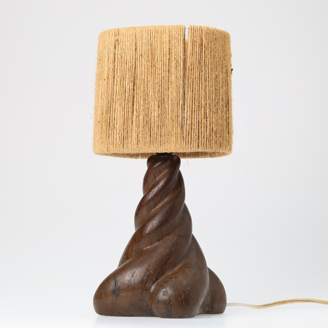 Sculptural table lamp with spiral base, carved oak and jute yarn screen, unknown designer.