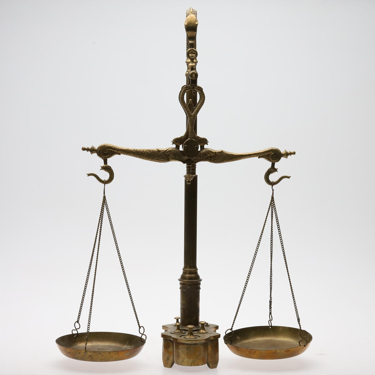 SCALES with WEIGHTS. Brass with fish decor, 20th century.