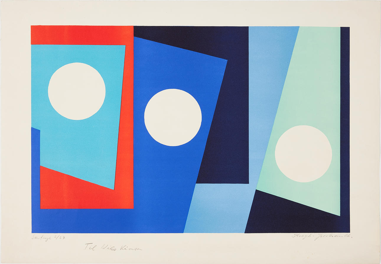 BAMSE  KRAGH-JACOBSEN. Geometric composition, lithograph in colours 1966, signed in pencil and dedication, and numbered 'Särtskrift' 2/27.
