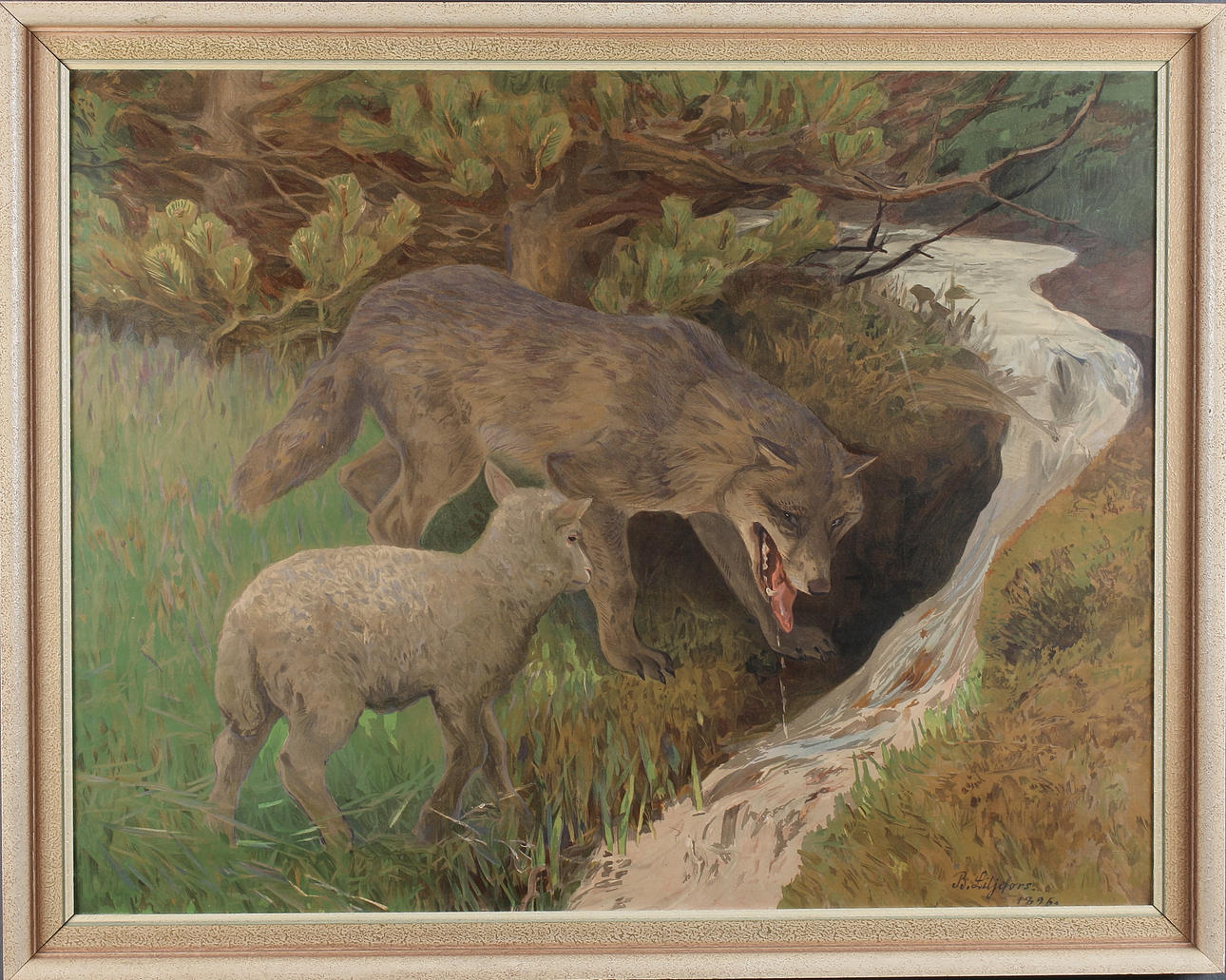 SKOLPLANSCH, "Vargen och lammet", av Bruno Liljefors. 1900-tal.
