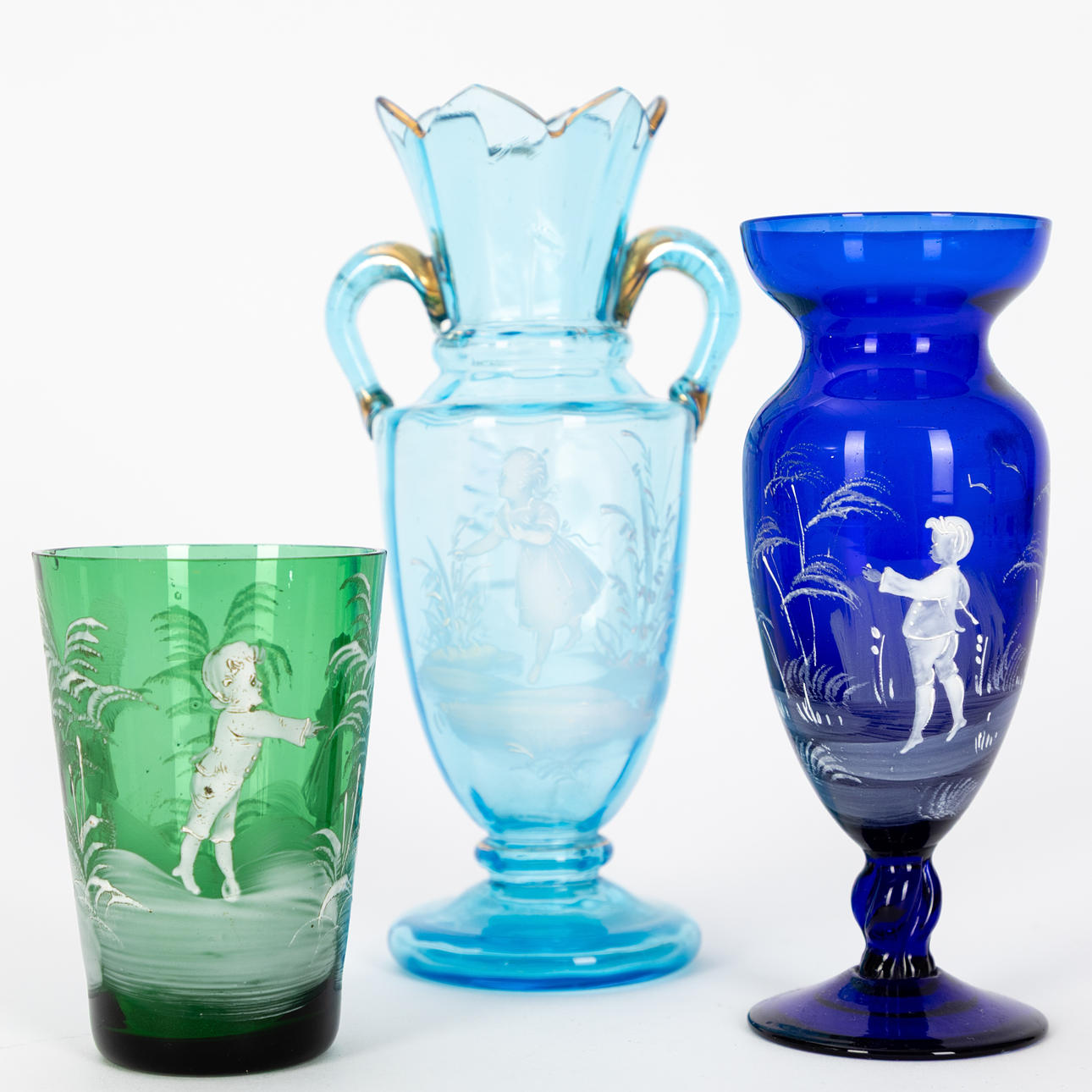 Three vases with white enamel painting, Bohemia, late 19th/1920s (3).