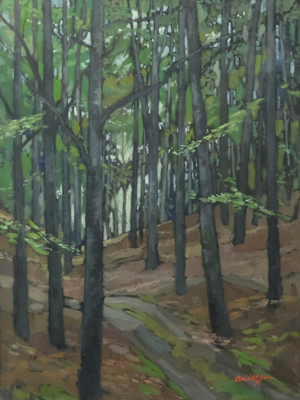 AXEL OLSSON. FOREST LANDSCAPE, OIL ON CANVAS.