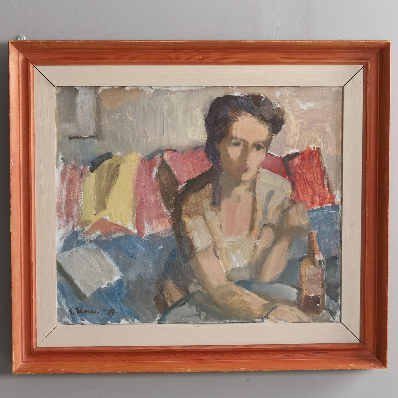 ERIK EKMAN. OIL ON CANVAS, portrait of woman with bottle, signed and dated - 59.