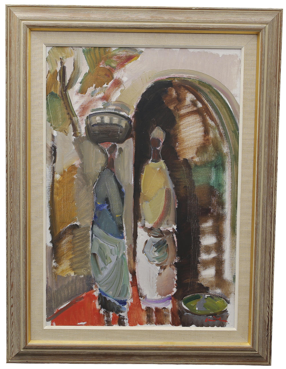 OIDENTIFIERAD KONSTNÄR. Olie på lærred, samtalekvinder, signeret.