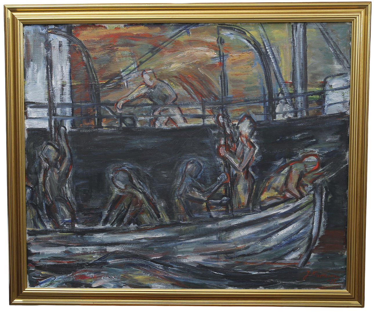 JOHN MATTSSON. Oil on canvas, people in a small boat at sea, signed, dated 1975.
