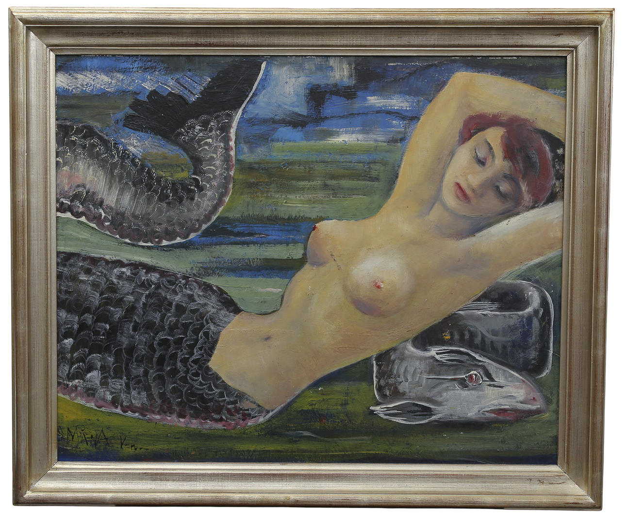 OIDENTIFIERAD KONSTNÄR. Óleo sobre tabla, que representa a la mujer como sirena, firmado Måna.
