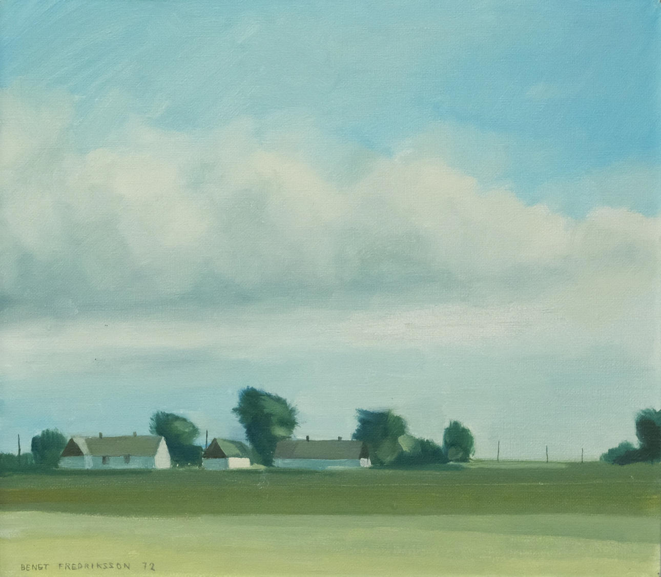 BENGT FREDRIKSSON. LANDSCHAFT MIT HAUS, ÖL AUF HOLZ.