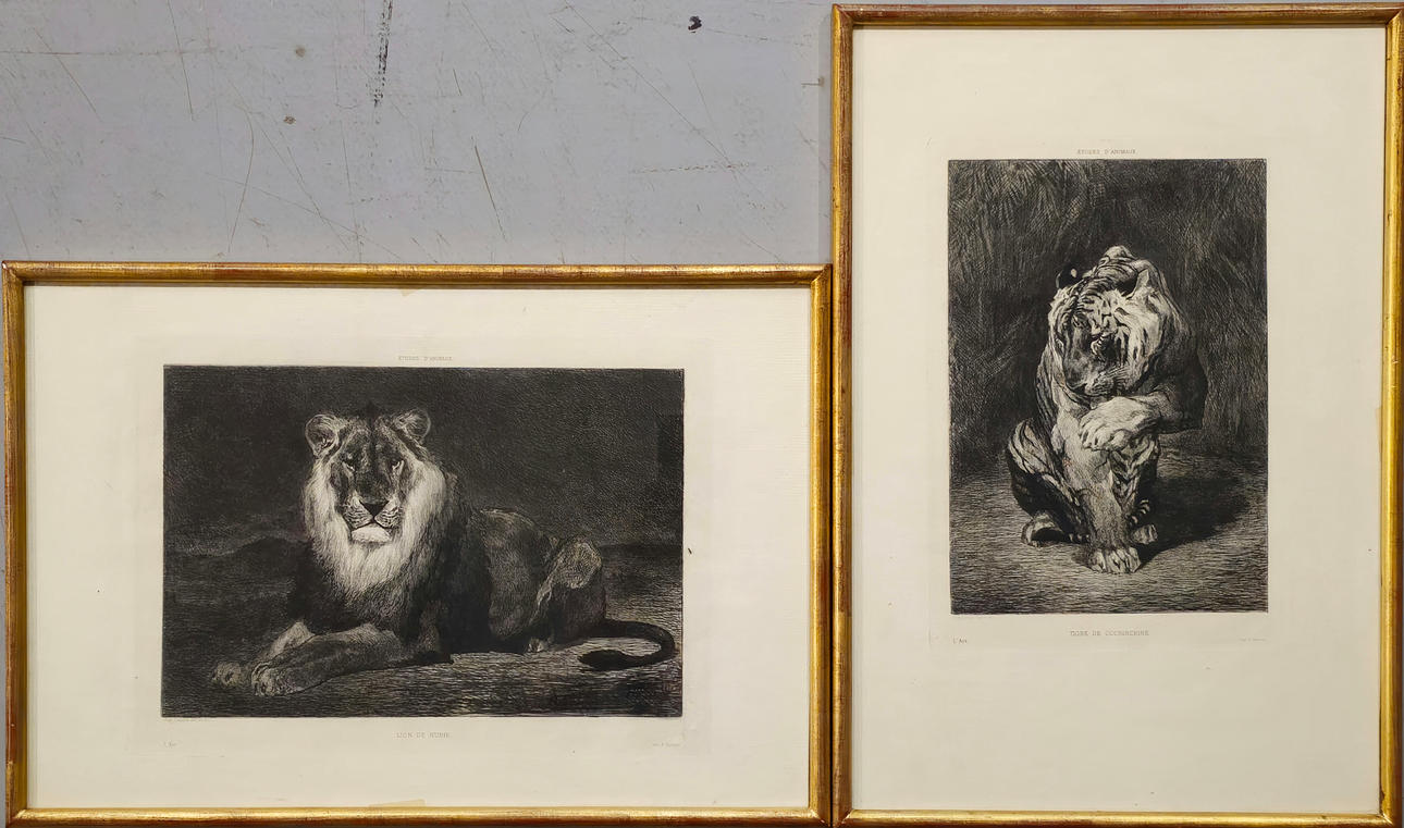 AUGUSTE ANDRÉ LANÇON. 2 ETCHING ENGRAVINGS, TIGER AND LION, LATE 19TH CENTURY.