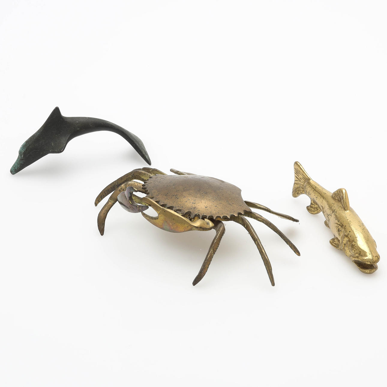 SCULPTURES, brass & bronze, dolphin, crab and fish.