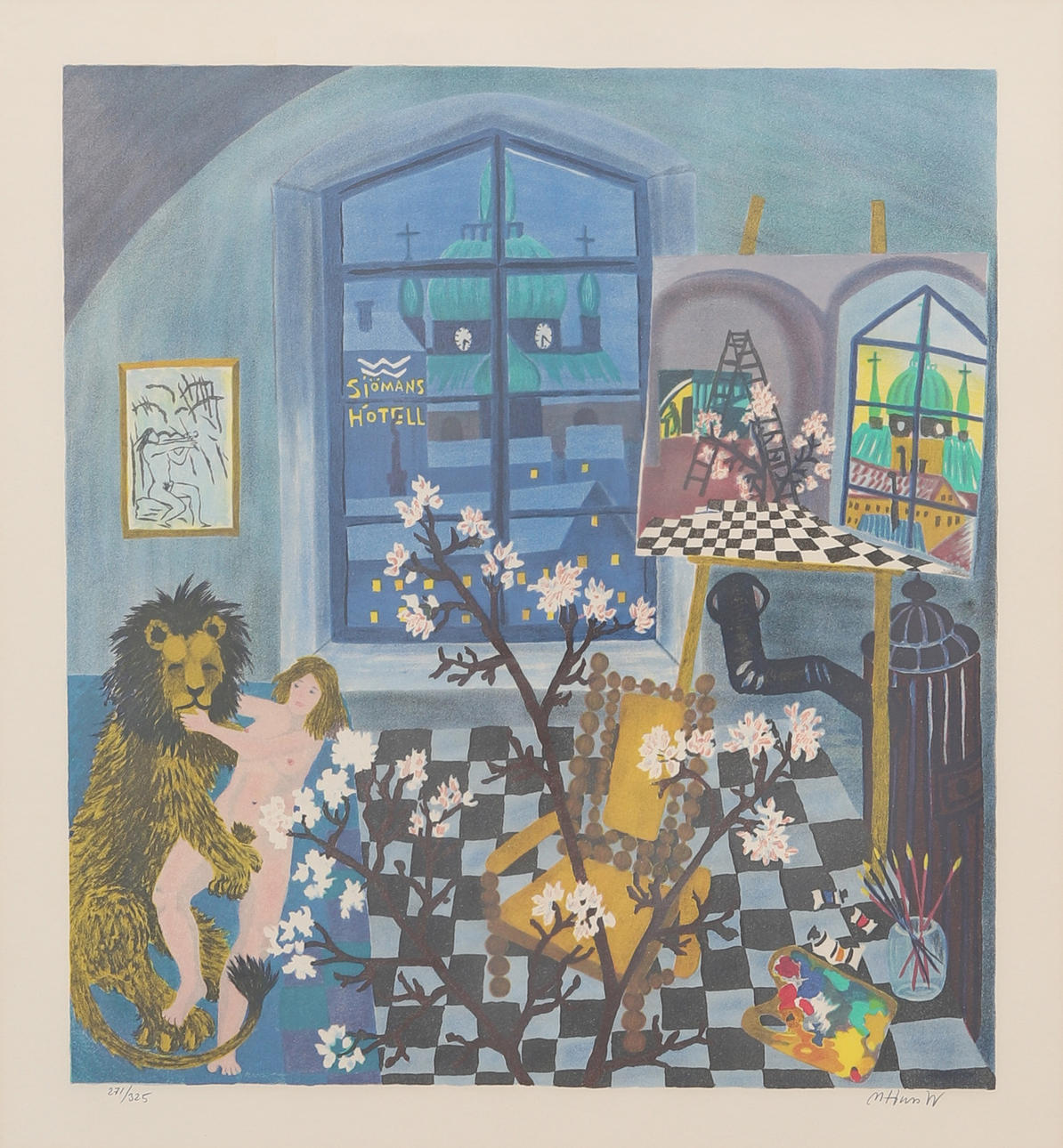 MONA HUSS WALIN. Lion in the studio, lithograph, signed and numbered 271/325.