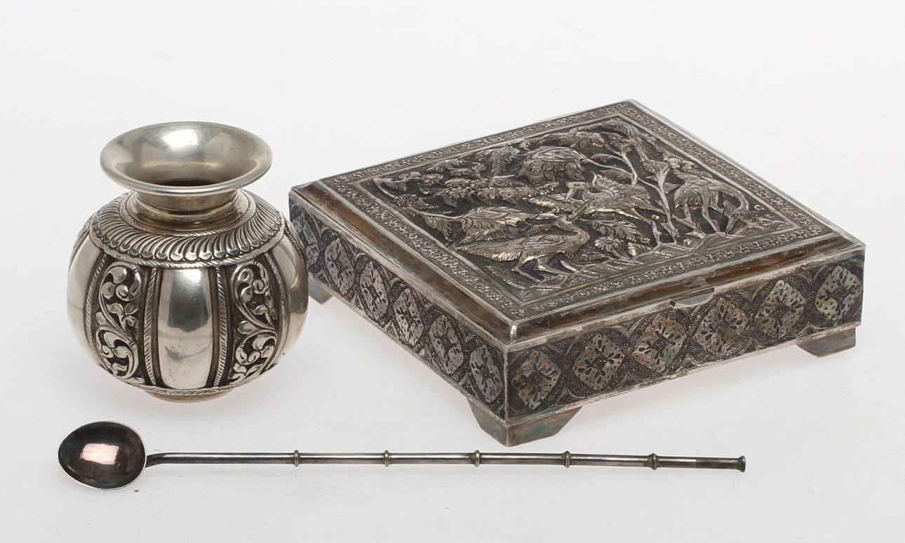 SKRIN, VAS samt SKED, silver, orientalisk, 1900-tal. Vikt 795 gram.