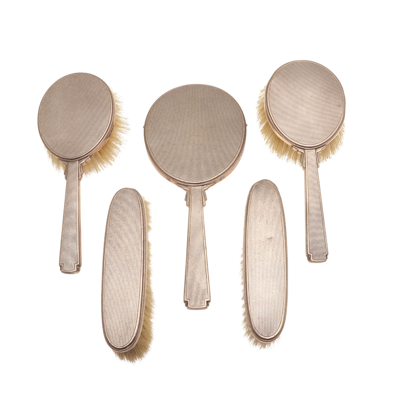 A FIVE PIECE SILVER DRESSING TABLE SET.